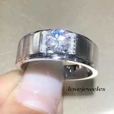 1.58CT Round Cut Real Moissanite VVS1 Men's Engagement Ring 14K White Gold Over