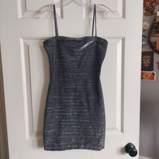 Breakin Loose Silver Metallic Bodycon Mini Dress Spaghetti Strap Square Neck S