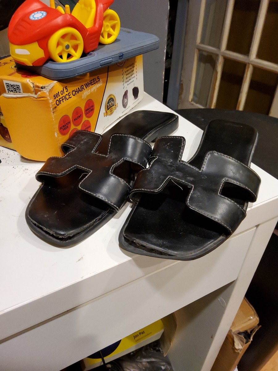 Hermes oran sandals black calf skin leather slip on slide,sandals sz 38 us 7.5