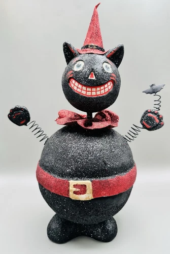 Vintage Retired Dept 56 Heavily Glittered Black Cat Bouncer Candy Jar Container 