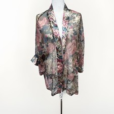 Vintage Victorias Secret Robe Kimono Gold Label Floral Pink Sheer Satin Short OS