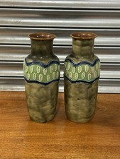 Pair of Royal Doulton Pottery Vases – Green & Blue Glaze – 8129, Bessie Newbery