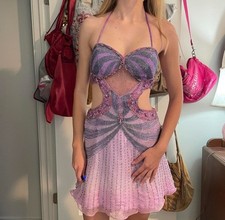 Jasz Couture Purple Beaded Halter Cutout Satin Silk Dance Dress Women s 6