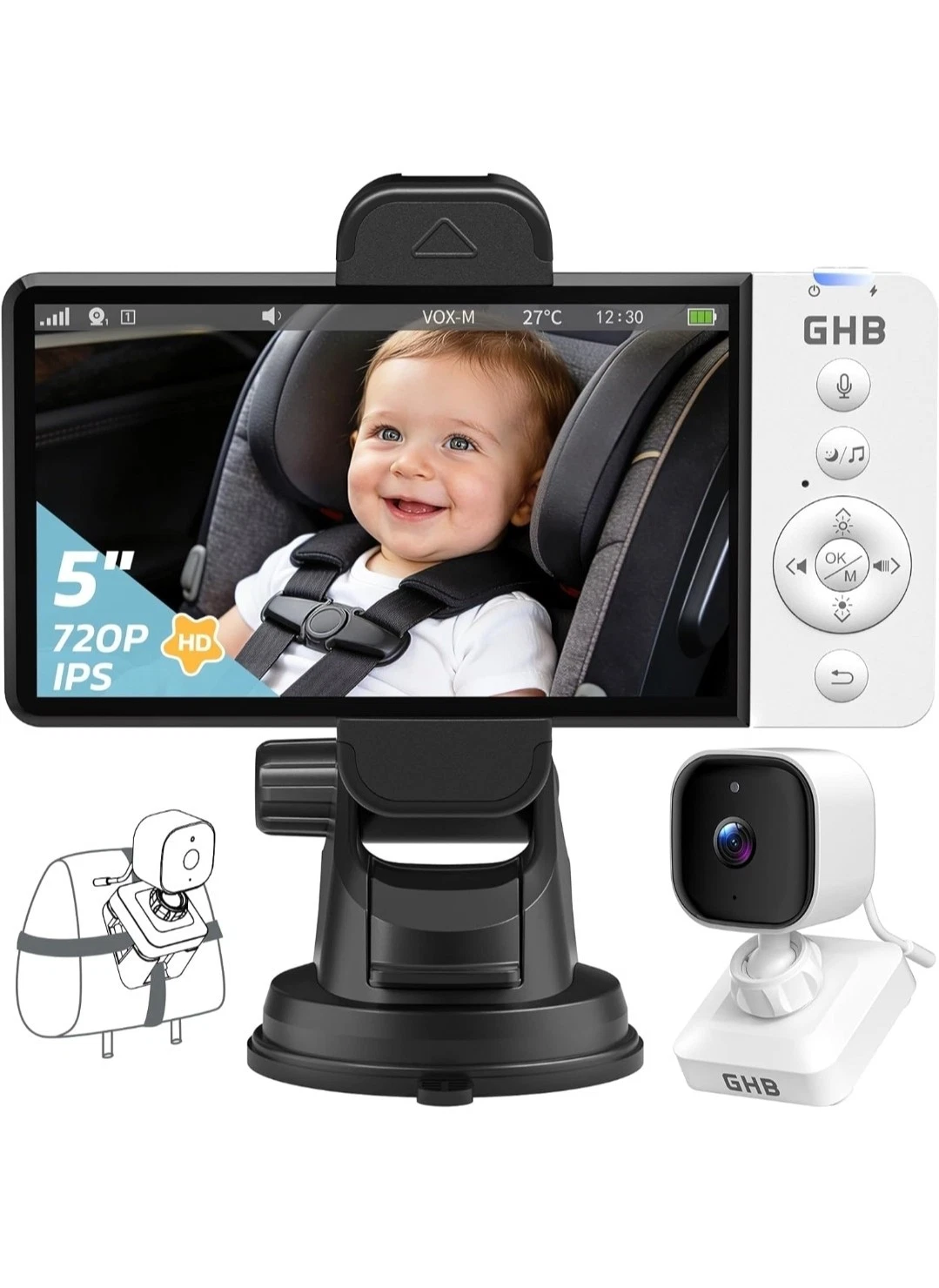 Baby Car Camera, Wireless 5" HD Monitor for Car Travel & Home Use, Rechargeable