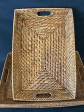 VTG Hand-Woven Rattan Rectangular Serving Tray w Handles 20  x 13.5  x 2.5  Read