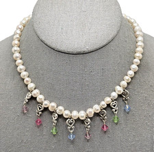 Genuine Freshwater Pearl Choker Necklace Multicolor Crystal Dangles 16" Boho