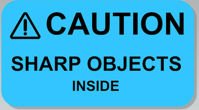  CAUTION SHARP OBJECTS INSIDE Warning Sticker Label BLUE 2.25'' L x 1.25'' H