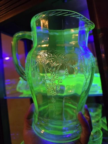 Green Uranium Glass, Cameo "Dancing Girls" Ballerina 56oz Rope Edge Pitcher