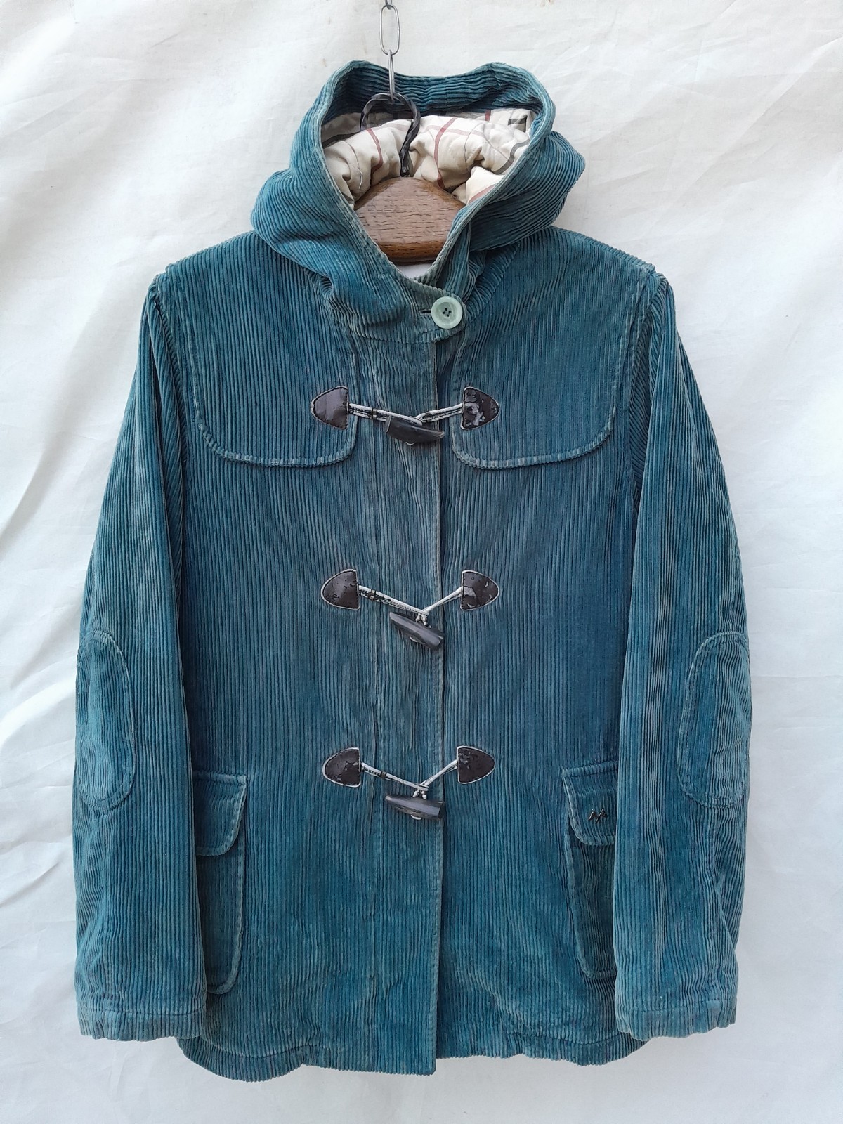 Vintage Thomas Burberry Duffle Coat Womens Large Blue Corduroy Hooded Made Spain