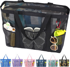 Mesh Beach Bag with Zipper for Women, Large Beach Tote Sandproof Toys Pool Swim