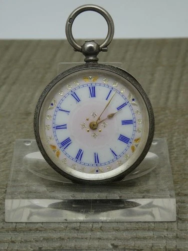 Antique Swiss Made 935 Solid Silver 36mm Fancy Dial Fob Pocket Watch c1890