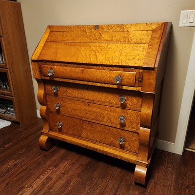 Antique Birdseye Maple Secretary Desk PA Dated 1852 w/ Keys Secret Drawers