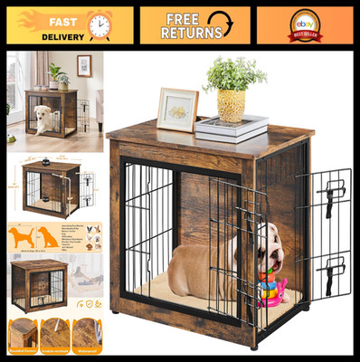 27.5'' Wooden Dog Crate Furniture with Cushion, Double Door Kennel & Side Table