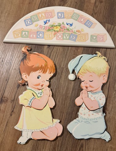 Vintage Boy And Girl Praying, Jesus Sign Wall Hangings Playroom Nursery