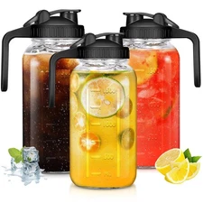 3 Pack 64 Oz Wide Mouth Mason Jar Pitchers with Airtight Lids – Leak-Proof Glass