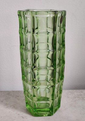 Vintage Poland Zabkowice Green Optical Glass Hexagonal Vase Bogdan Kupczyk MCM 