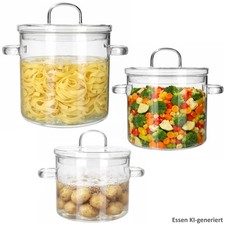 OLLA 3-tlg Glas-Topf Set 1,16L 1,38L 1,8L hitzebständig Kochtopf Suppe Gemüse