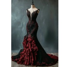 Black Burgundy Mermaid Wedding Dresses Gothic Victorian Applique Bride Gown