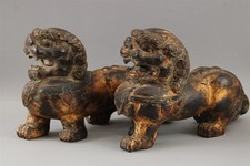  Pair Vintage Hand Carved Wood Chinese Foo Dogs, Worn Gold Gilt Surface, NR