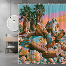 Coastal Palm Trees and Rocks Shower Curtain, Tropical Beach Print