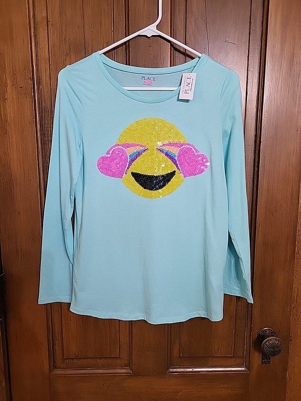 The Childrens Place Long Sleeve Smiley Face Sequence Shirt, NWT, Girls XXL / 16