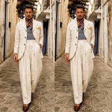 Beige Linen Men's Suits Summer Beach Wedding Tuxedo Outdoor Casual Two Pieces