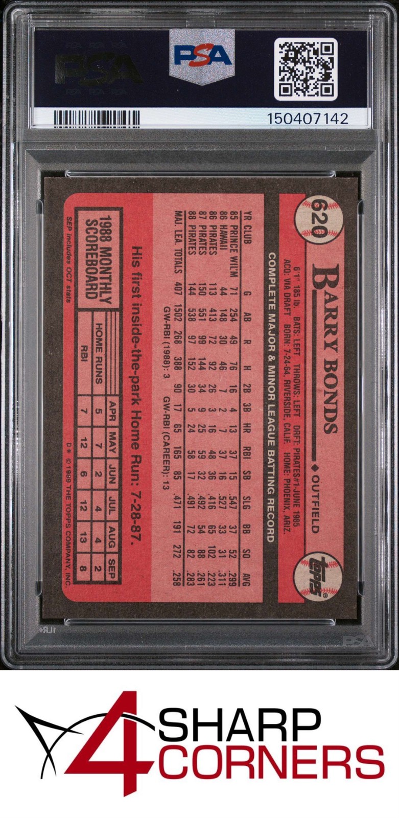1989 TOPPS #620 BARRY BONDS PIRATES PSA 10 view 2