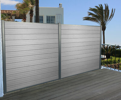 WPC-Windschutz Sarthe, Zaun Sichtschutz, Alu-Pfosten 2er Set 3,75m grau