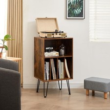Record player holder with vinyl storage for up to 150 albums, brown color