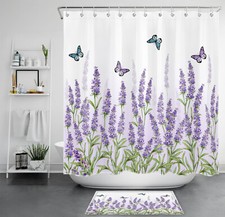 Spring Plant Purple Lavender Butterfly Shower Curtain Bathroom Accessories Set