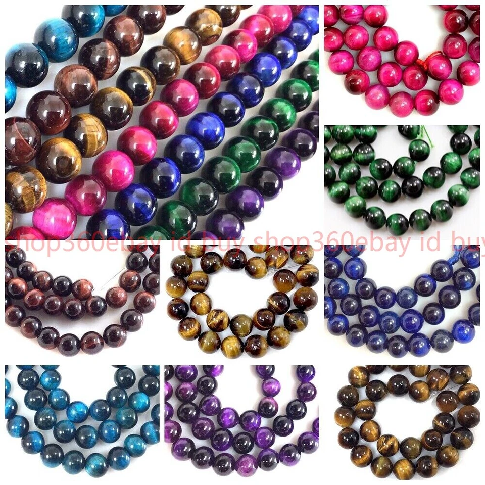 10 Color Tiger Eye Round Loose Beads 15" 4 6mm 8 10 12 16 18 Gold Pink Red Blue - Image 2 of 4