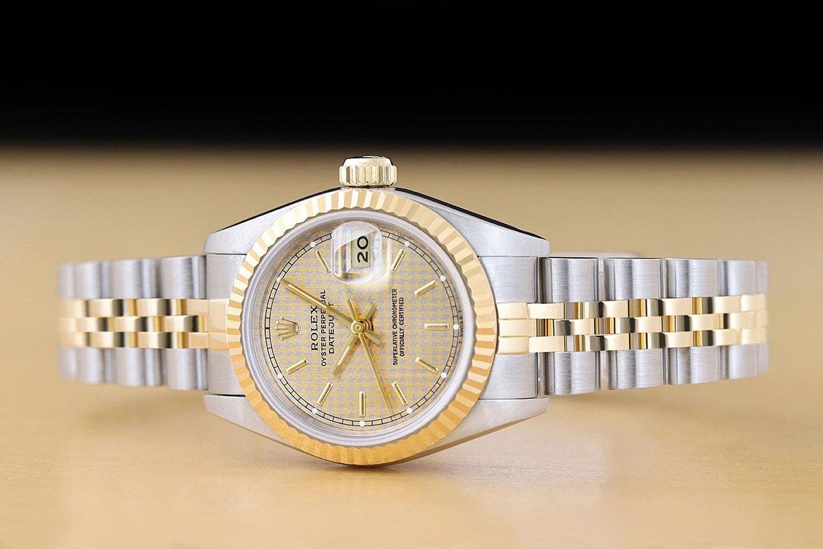 ROLEX LADIES DATEJUST 69173 HOUNDSTOOTH DIAL 18K YELLOW GOLD STEEL