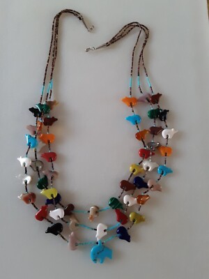 Native American 3 Strand Bear Fetish Turquoise Malachite Jet Heishi Necklace 