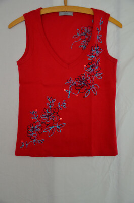 MARKS & SPENCER TOPS T-Shirt ohne Arm | Rot gesticktes Muster UK 12  Damen Women