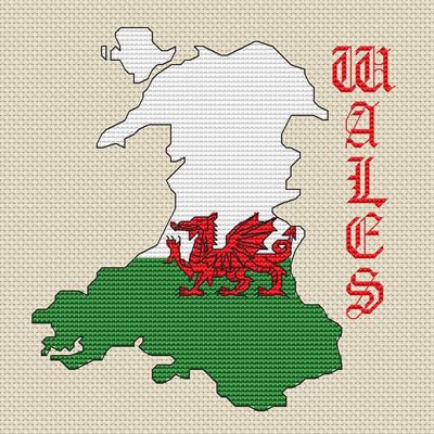 Wales Karte & Flagge Kreuzstich Design (15x15cm, 6x6'', Kit oder Karte, 14hpi)