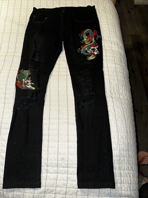 Young & Reckless Jeans Mens Size 29 Distressed Fire Dragon Fish Flames Skater