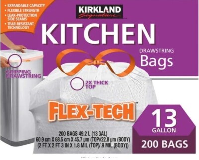 Kirkland Signature Flex-Tech Kitchen Trash Bags 13 Gallon, 200 Count, SHIPS FREE