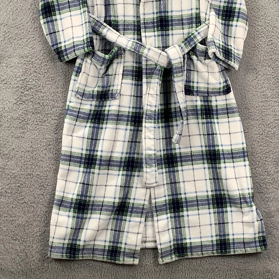 Alexander Del Rossa Robe S/M White Green Blue Plaid Fleece Hooded Belted - Image 4 of 4