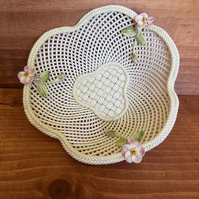Belleek Porcelain Pink Floral Reticulated Weave Basket