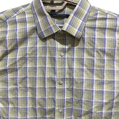 SEAN JOHN Shirt Size 18 36 / 37 Blue Green White Plaid Button Up Long Sleeves