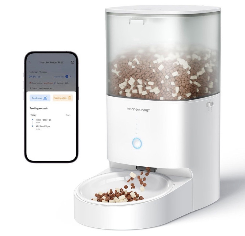 homerunPET PF20 Wi-Fi Automatic Pet Feeder, Porcelain Bowl, White, Alexa/Google