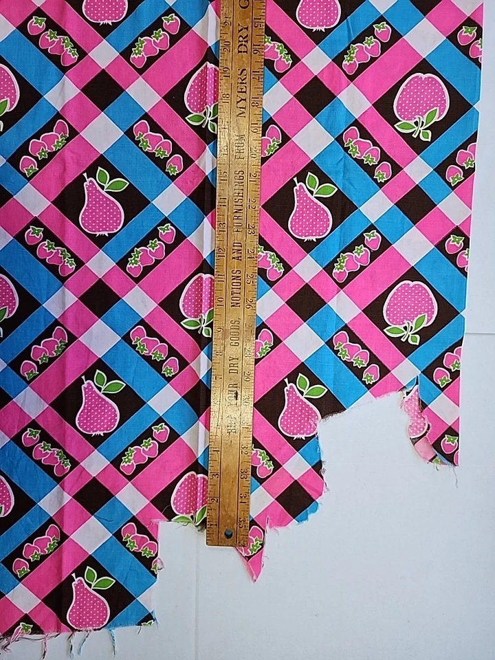 Marcus Bros Bright Blue Pink 70s Fruits Check Plaid Cotton Fabric 44x27 Remnant - Image 4 of 4