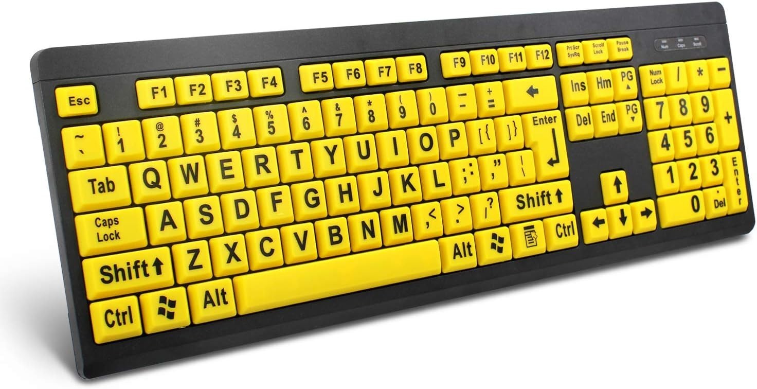 Large Print USB Keyboard with High Contrast Yellow Keys for Visually Impaired