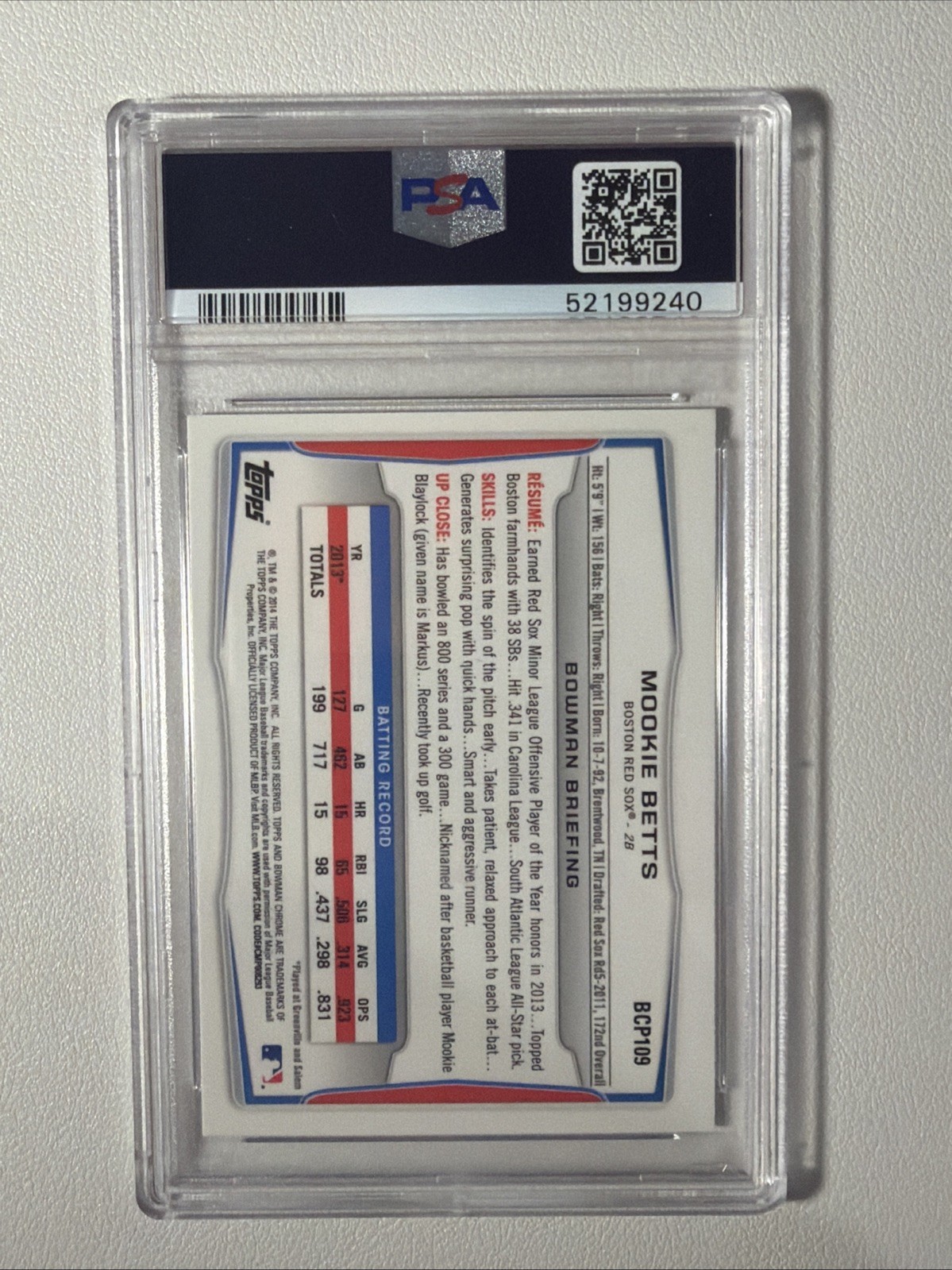 2014 Bowman Chrome Prospects Mookie Betts PSA 9 Dodgers Red Sox view 2