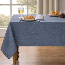 Faux Linen Farmhouse Table Cloth 60"x84" for Rectangle Table, Denim Blue Waterpr