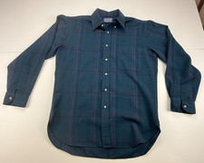 Vintage Sir Pendleton Mens M Green Plaid 100 Virgin Wool Shirt USA Made FLAW