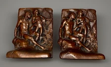 🔥WB BRONZE SIGNED BOOKENDS🔥1920’s Antique RARE Indians Hunting WEIDLICH BROS.