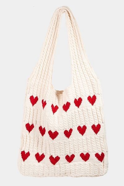 Fame Contrast Heart Crochet Tote Bag Stylish Handmade Carryall