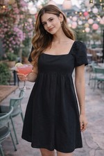 Abound Women’s Black Cotton Puff Sleeve Empire Waist Dress L Square Neck