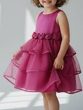 Janie  Jack Special Occasion Silk Dress Magenta Hot Pink w/ Rosettes Size 3